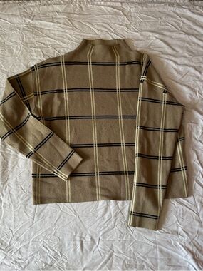 Max Studio Tan Plaid Cowl Neck Sweater with Black & Cream Stripes